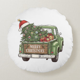 Vintage Christmas Truck Merry Christmas Men Women Round Cushion