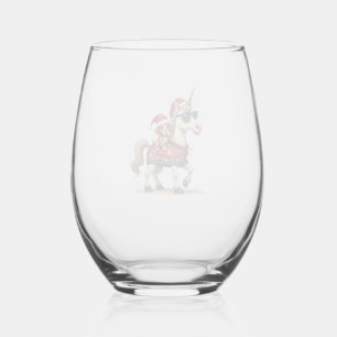 Vintage Christmas Unicorn and Dog Ugly Sweater Sty Stemless Wine Glass