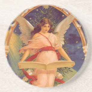Vintage Christmas, Victorian Angel Reading Bible Coaster