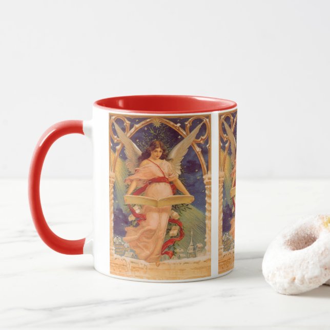 Vintage Christmas, Victorian Angel Reading Bible Mug (With Donut)