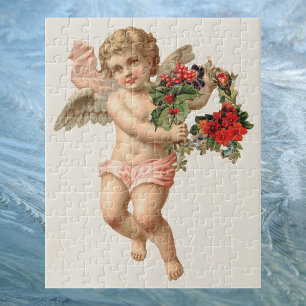 Vintage Christmas, Victorian Angel w Floral Wreath Jigsaw Puzzle