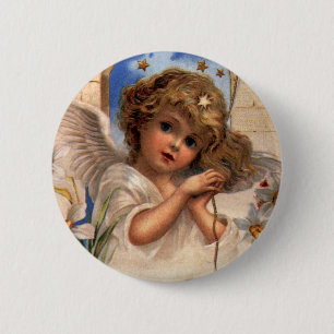 Vintage Christmas, Victorian Angel with Gold Bells 6 Cm Round Badge