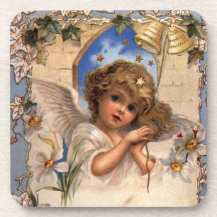 Vintage Christmas, Victorian Angel with Gold Bells Coaster