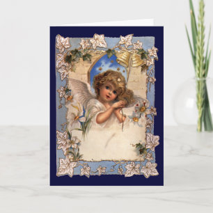 Vintage Christmas, Victorian Angel with Gold Bells Holiday Card