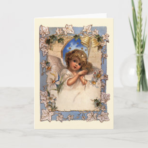 Vintage Christmas, Victorian Angel with Gold Bells Holiday Card