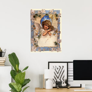 Vintage Christmas, Victorian Angel with Gold Bells Poster