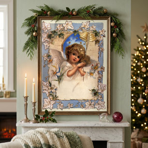 Vintage Christmas, Victorian Angel with Gold Bells Poster
