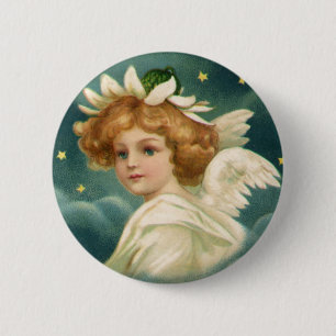 Vintage Christmas, Victorian Angel with Gold Stars 6 Cm Round Badge