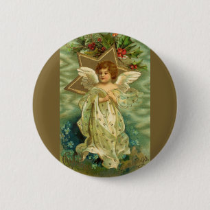 Vintage Christmas, Victorian Angel with Gold Stars 6 Cm Round Badge