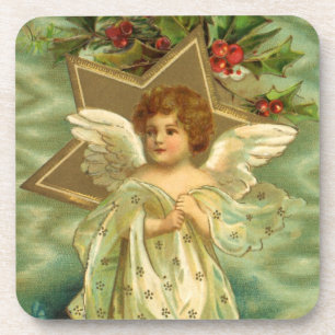 Vintage Christmas, Victorian Angel with Gold Stars Coaster