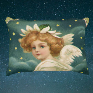 Vintage Christmas, Victorian Angel with Gold Stars Decorative Cushion