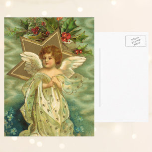 Vintage Christmas, Victorian Angel with Gold Stars Holiday Postcard
