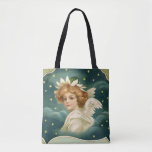 Vintage Christmas, Victorian Angel with Gold Stars Tote Bag