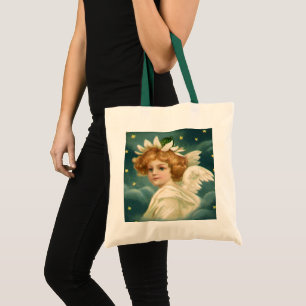 Vintage Christmas, Victorian Angel with Gold Stars Tote Bag