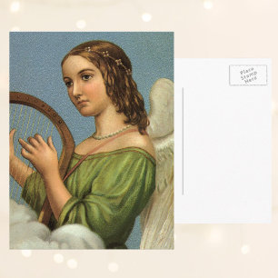 Vintage Christmas, Victorian Angel with Music Harp Holiday Postcard