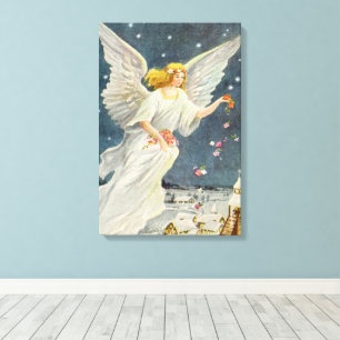 Vintage Christmas Victorian Angel with Stars Roses Canvas Print