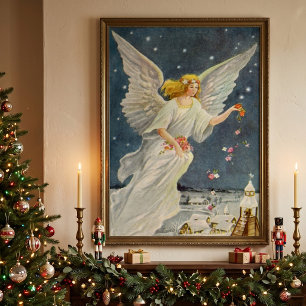 Vintage Christmas Victorian Angel with Stars Roses Poster