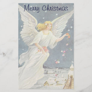 Vintage Christmas Victorian Angel with Stars Roses Stationery