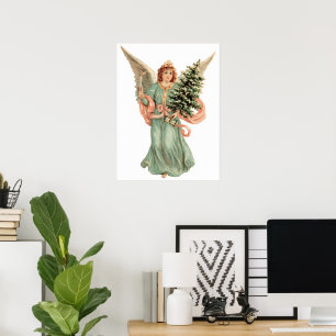 Vintage Christmas, Victorian Angel with Tree Poster