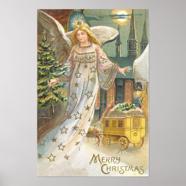 Vintage Christmas, Victorian Angel with Tree Poster (Front)