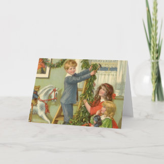 Vintage Christmas, Victorian Children Decorating Holiday Card