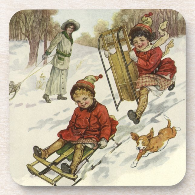 Vintage Christmas, Victorian Children Sledding Dog Coaster (Front)