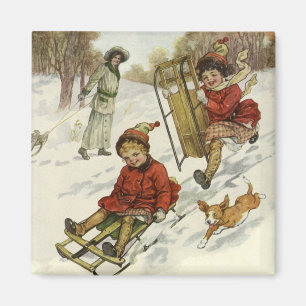Vintage Christmas, Victorian Children Sledding Dog Magnet