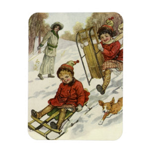 Vintage Christmas, Victorian Children Sledding Dog Magnet