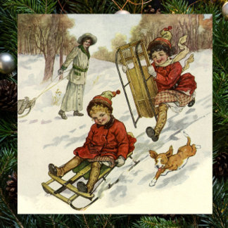 Vintage Christmas, Victorian Children Sledding Dog Poster