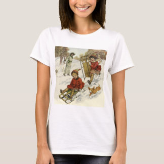 Vintage Christmas, Victorian Children Sledding Dog T-Shirt