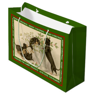 Vintage Christmas Victorian dachshund dogs green Large Gift Bag