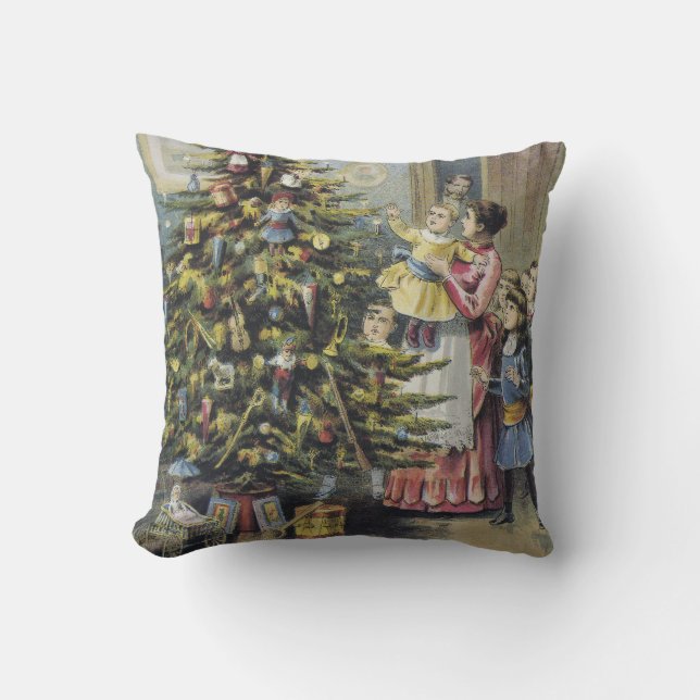 Vintage Christmas, Victorian Family Around Tree Cushion (Front)