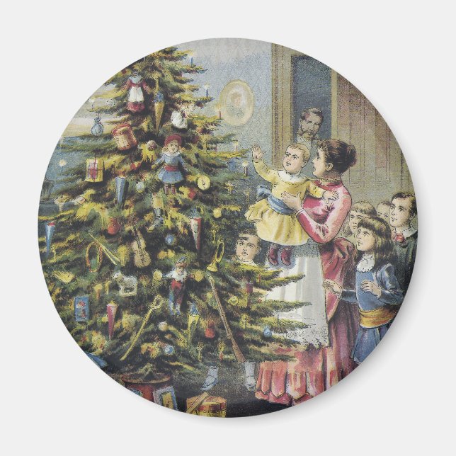 Vintage Christmas, Victorian Family Around Tree Magnet (Front)