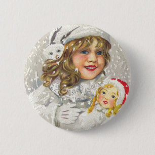 Vintage Christmas Victorian Girl with Doll in Snow 6 Cm Round Badge