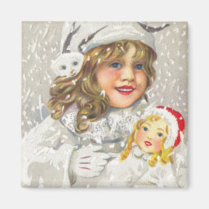 Vintage Christmas Victorian Girl with Doll in Snow Magnet
