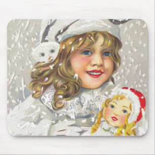 Vintage Christmas Victorian Girl with Doll in Snow Mouse Pad