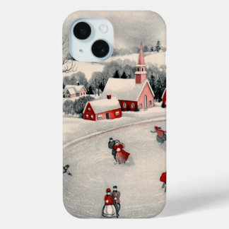 Vintage Christmas, Victorian Ice Skaters on Pond iPhone 15 Case
