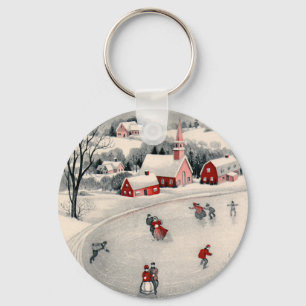 Vintage Christmas, Victorian Ice Skaters on Pond Key Ring