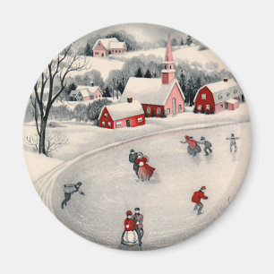 Vintage Christmas, Victorian Ice Skaters on Pond Magnet