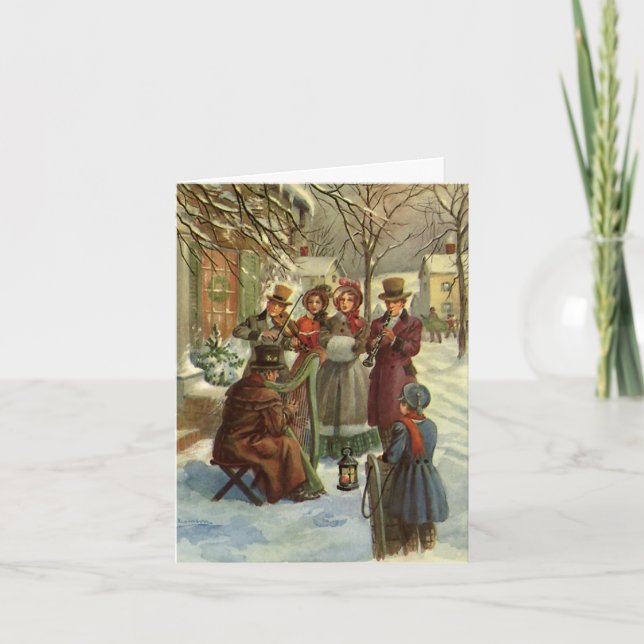Vintage Christmas, Victorian Musicians Caroling Holiday Card (Front)