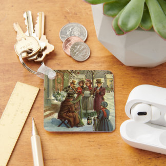 Vintage Christmas, Victorian Musicians Caroling Key Ring