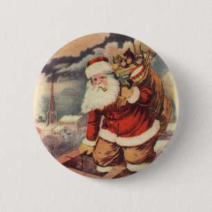 Vintage Christmas Victorian Santa Claus in Chimney 6 Cm Round Badge