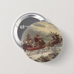 Vintage Christmas, Victorian Santa Claus in Sleigh 6 Cm Round Badge