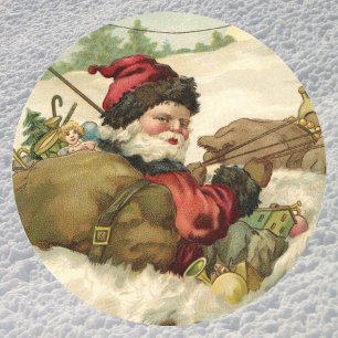Vintage Christmas, Victorian Santa Claus in Sleigh Classic Round Sticker