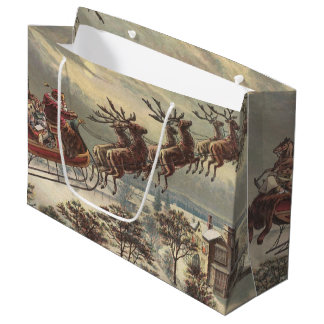 Vintage Christmas, Victorian Santa Claus in Sleigh Large Gift Bag