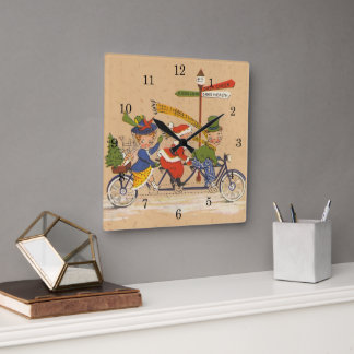 Vintage Christmas, Victorian Santa Claus on Bike Square Wall Clock