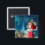 Vintage Christmas Victorian Santa Claus on Chimney 15 Cm Square Badge<br><div class="desc">Vintage illustration Christmas holiday design featuring a Victorian Santa Claus on a rooftop about to go down the chimney. The reindeer and sleigh are on the roof waiting. A beautiful church is in the background with stars and the moon in the blue night sky.</div>