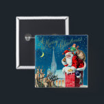 Vintage Christmas Victorian Santa Claus on Chimney 15 Cm Square Badge<br><div class="desc">Vintage illustration Christmas holiday design featuring a Victorian Santa Claus on a rooftop about to go down the chimney. The reindeer and sleigh are on the roof waiting. A beautiful church is in the background with stars and the moon in the blue night sky.</div>