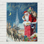 Vintage Christmas Victorian Santa Claus on Chimney Jigsaw Puzzle<br><div class="desc">Vintage illustration Christmas holiday design featuring a Victorian Santa Claus on a rooftop about to go down the chimney. The reindeer and sleigh are on the roof waiting. A beautiful church is in the background with stars and the moon in the blue night sky.</div>
