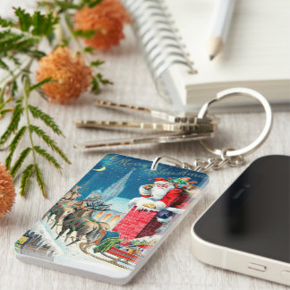 Vintage Christmas Victorian Santa Claus on Chimney Key Ring